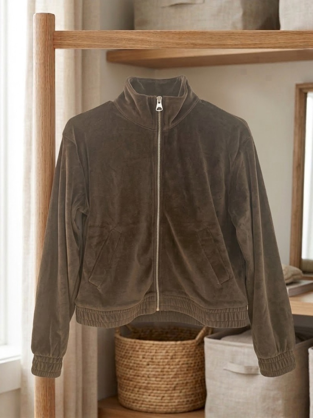 H&M Brown Velvet Zip-Up Bomber Jacket